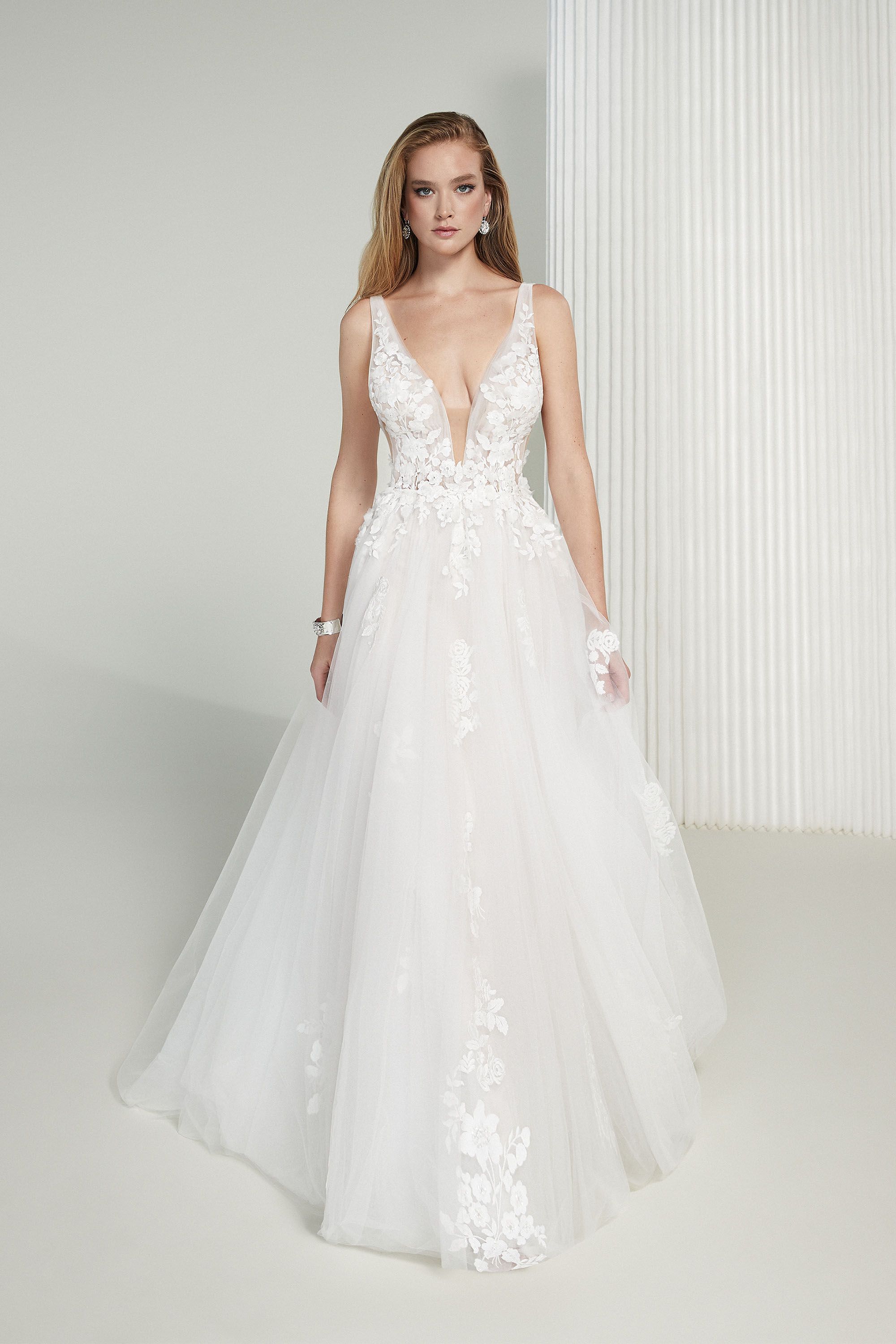 KATHARINE: Tulle A-Line Wedding Gown with 3D Floral Appliqués 