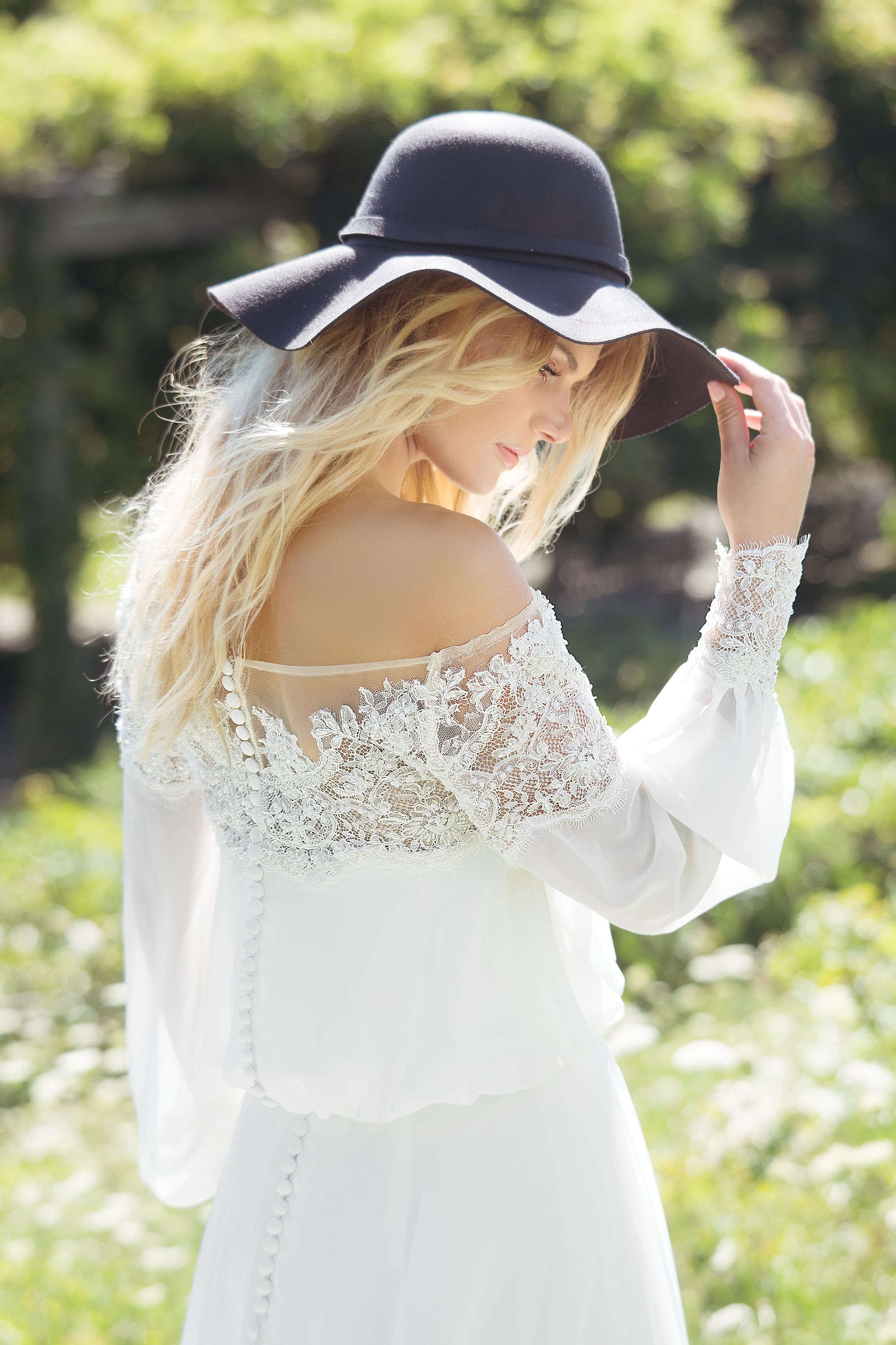 Off-Shoulder Halter Chiffon Dress with Blouson Bodice Ivory