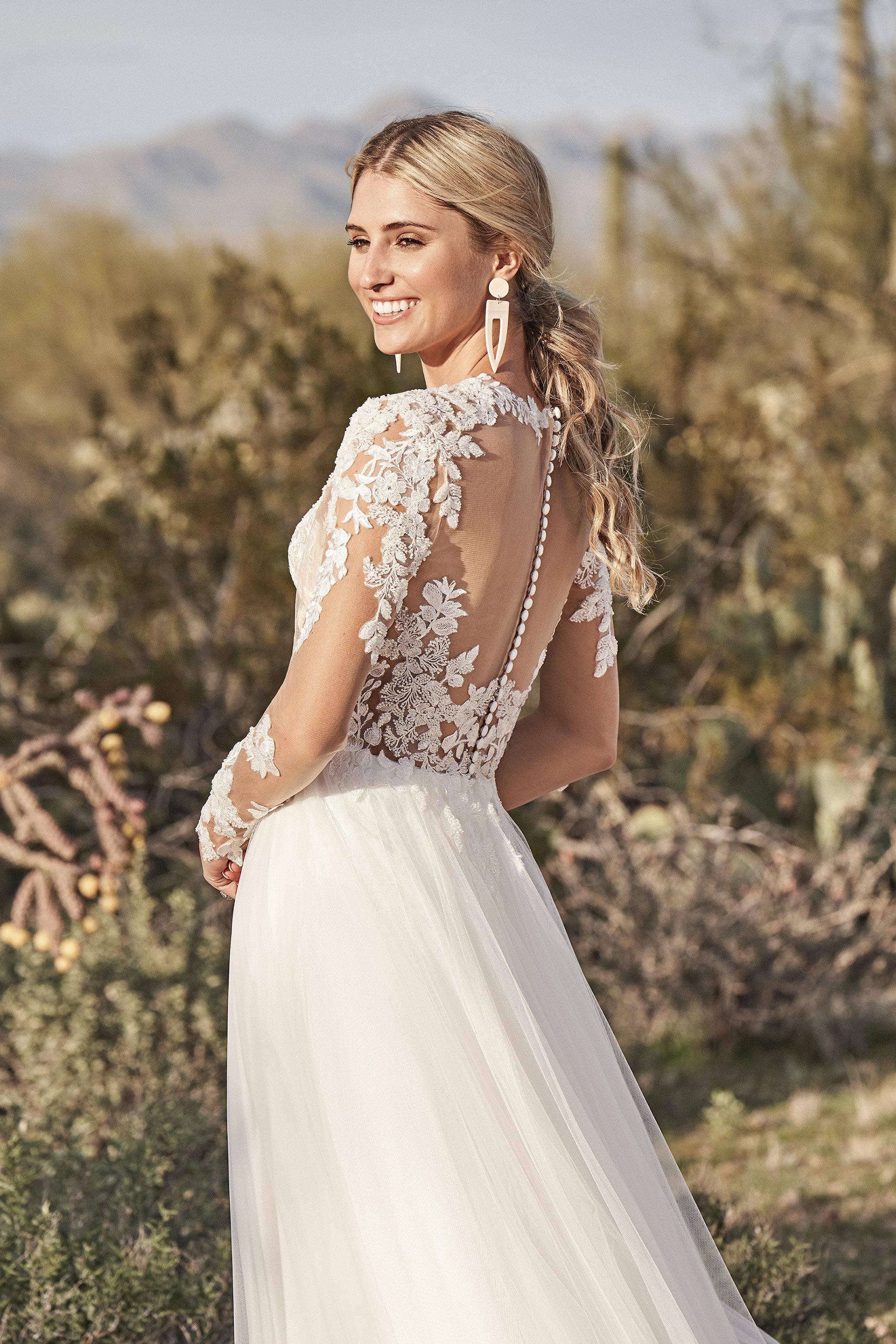66157: Long Sleeve English Net A-Line Dress with Queen Anne 