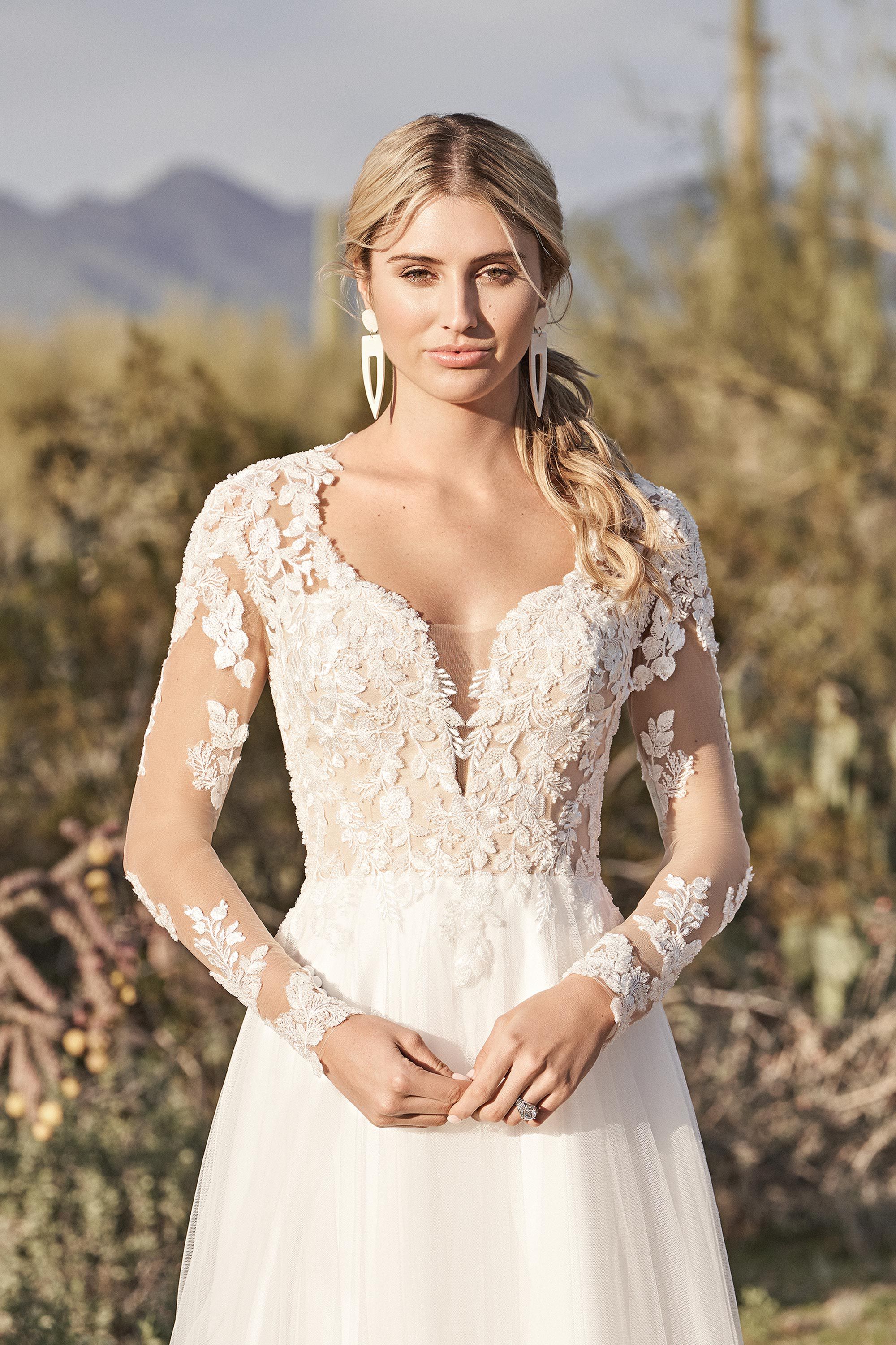 66157: Long Sleeve English Net A-Line Dress with Queen Anne 