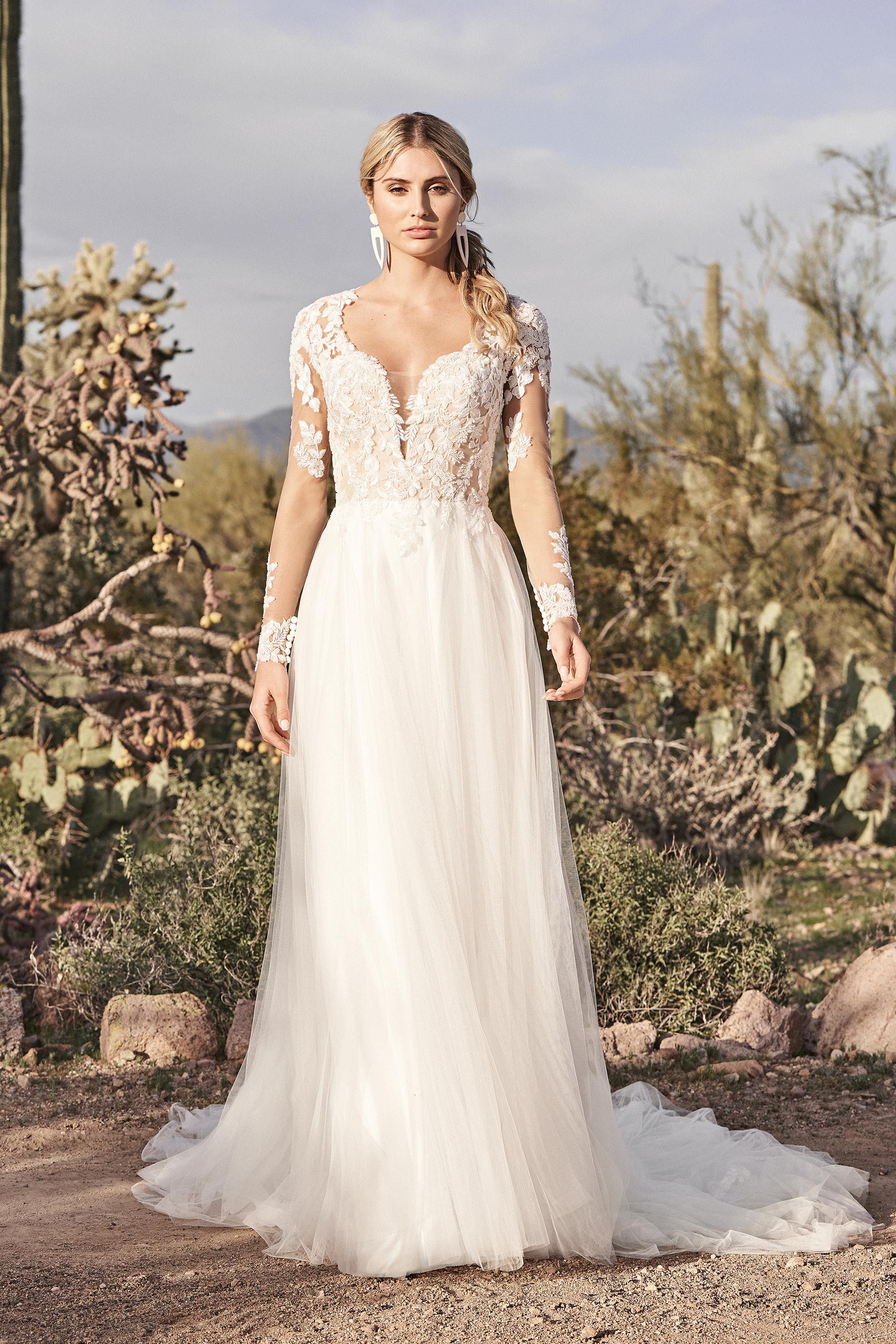 66157: Long Sleeve English Net A-Line Dress with Queen Anne 