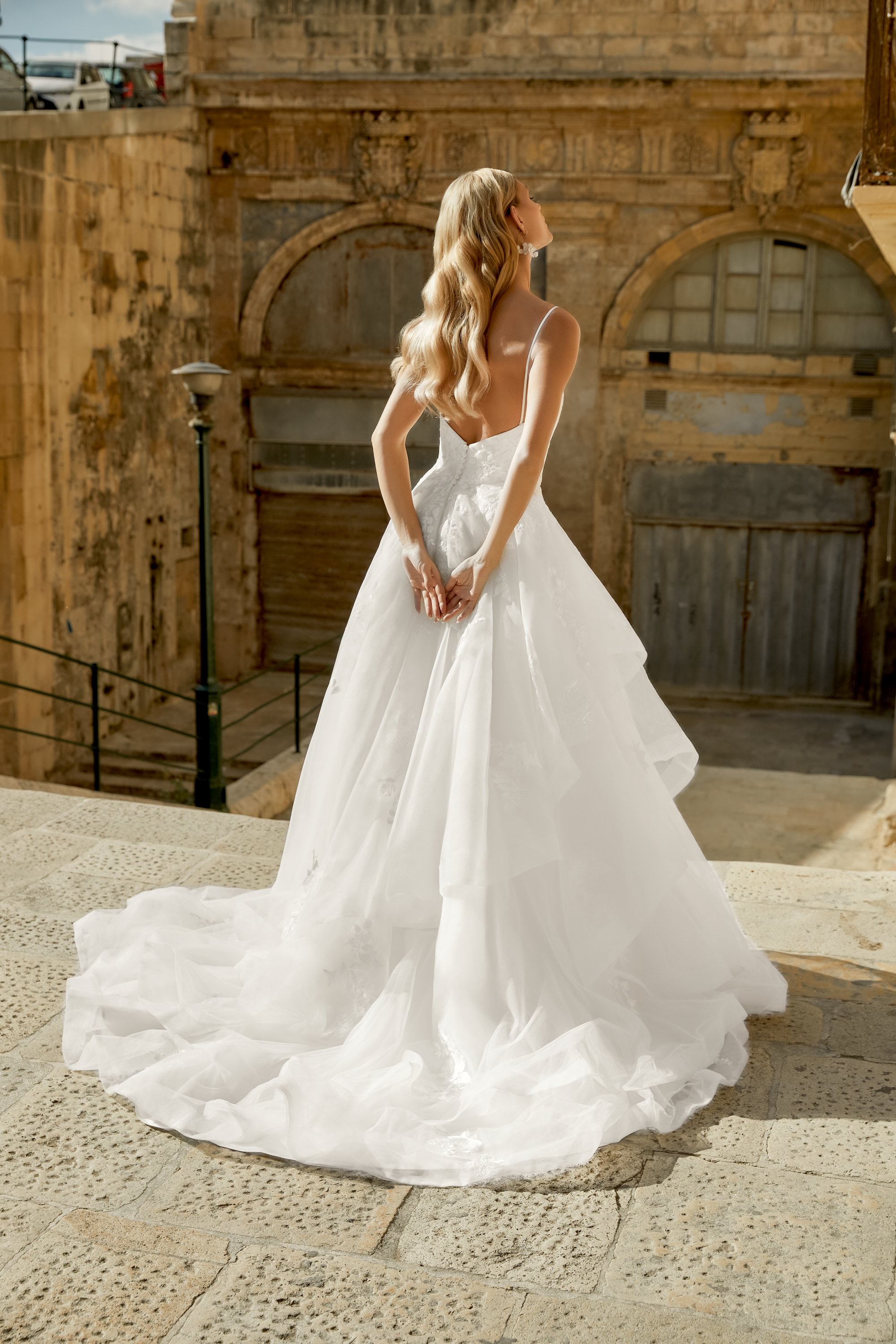 44499 Embroidered Lace Ball Gown with Plunging VNeckline and Tiered