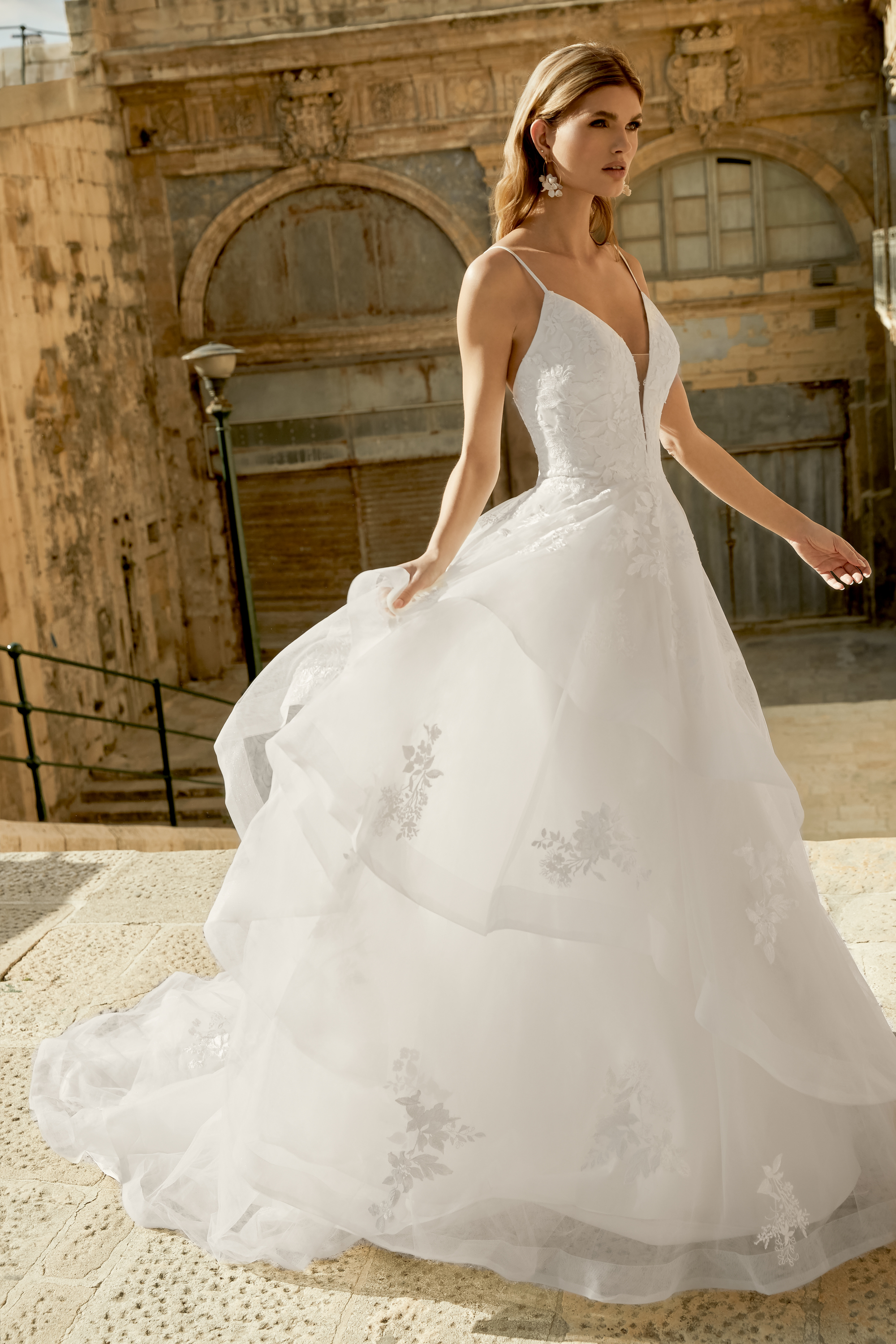 44499 Embroidered Lace Ball Gown with Plunging VNeckline and Tiered