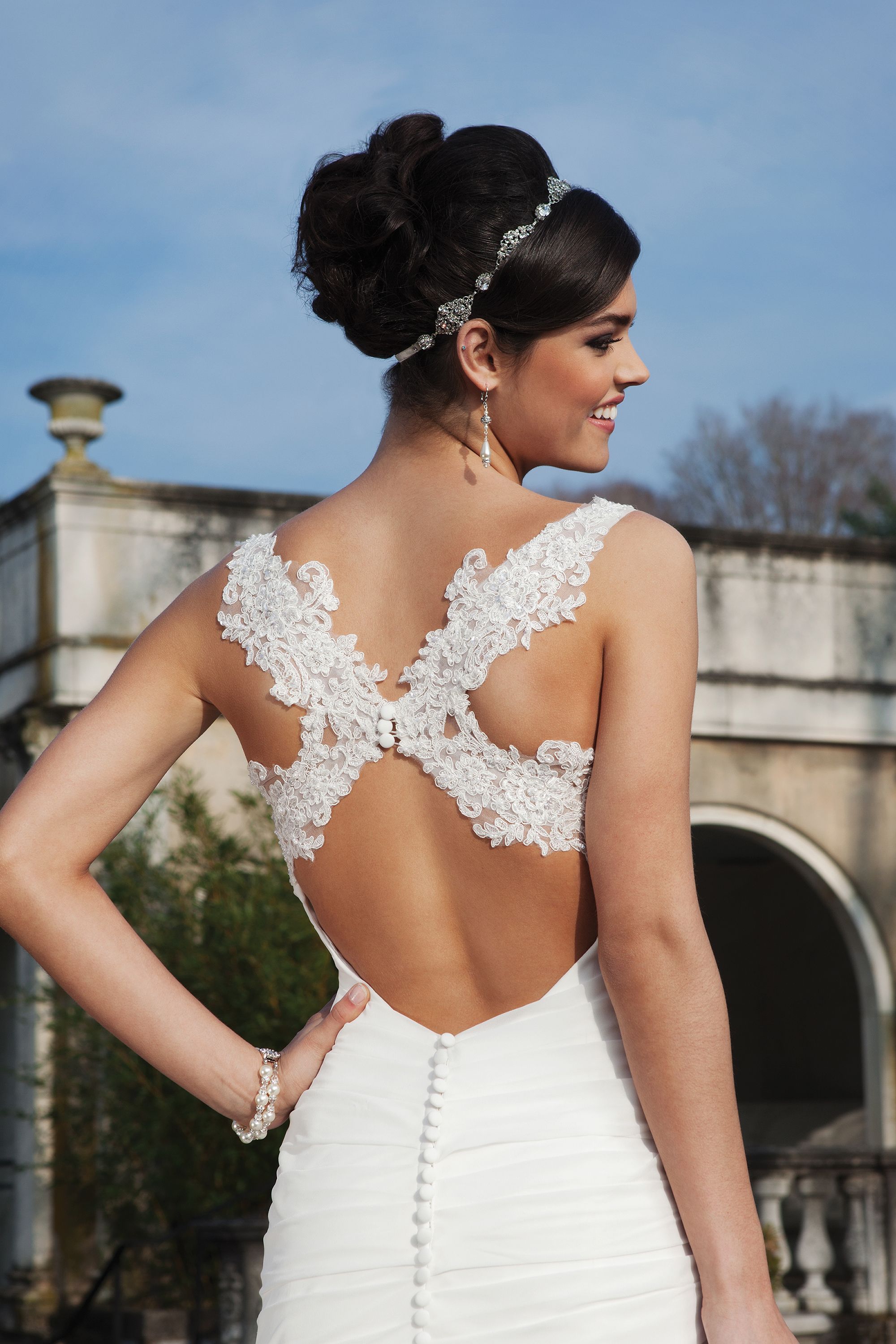 3736: Lace mermaid dress accentuated by a cowl neckline 