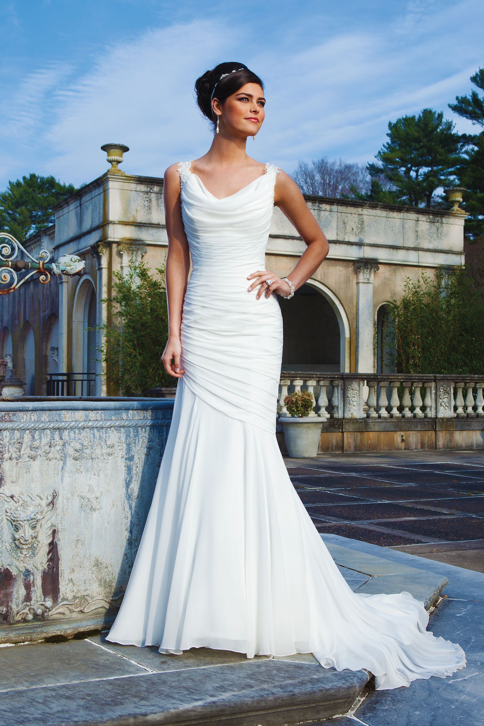 3736: Lace mermaid dress accentuated by a cowl neckline 