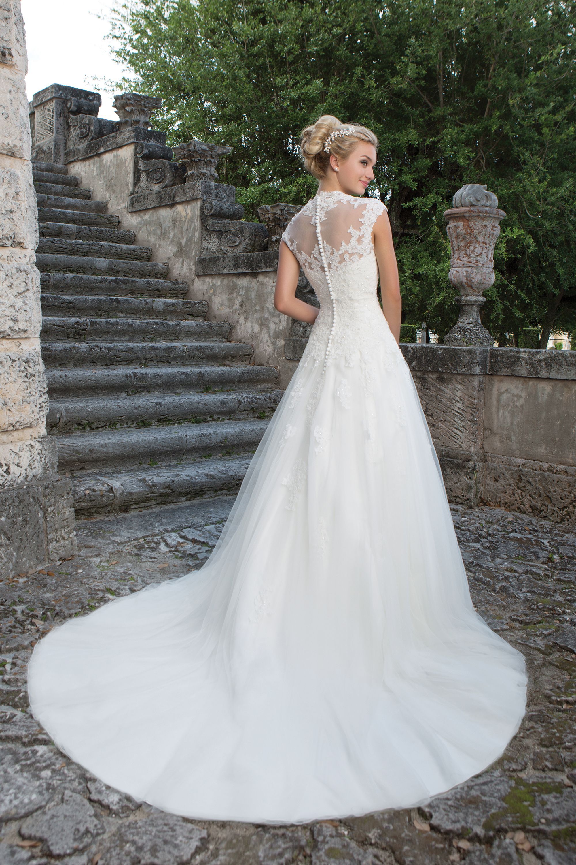 3906: Lace and Tulle Ball Gown with Queen Anne Neckline | Sincerity Bridal